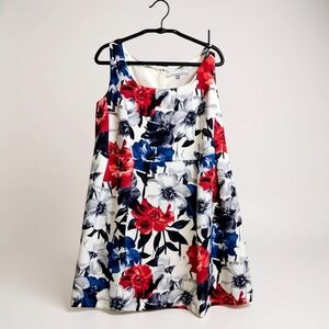Luxe By Carmen Marc Valvo Floral Dress 14W  Red Blue & White Sleeveless Fit & Fl